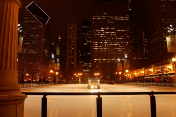 Skyscrapers, Zamboni on ice, Millennium Park, Chicago